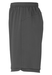 Grijze sportieve shorts met een elastische tailleband, zijzak en een gladde textuur; heeft een losse pasvorm en een lengte boven de knie.