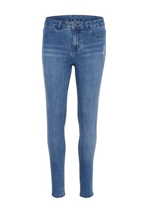 Jeans skinny in denim blu con vita alta, aree sbiadite, cinque tasche e dettagli di cucitura classica.