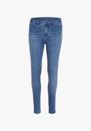 Jean skinny en denim bleu avec une taille haute, des zones décolorées, cinq poches et des détails de couture classiques.