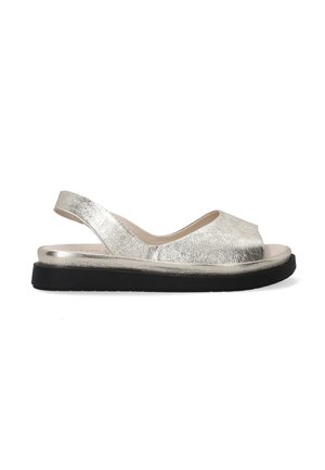 Metallic silver slingback sandal with open toe, leather upper, minimalistic design, and a black rubber sole for traction.