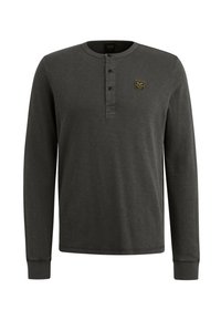 Donkergrijs langemouwen henley-shirt van een zachte katoenmix, met een knoopsluiting, geribde manchetten en een klein logo-opdruk op de borst.