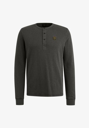 Mørkegrå langærmet henley-skjorte lavet af blødt bomuldsblanding, med en knaplukning, ribbede manchetter og et lille logo-flag på brystet.