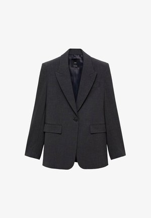 Charcoal gray blazer made from a textured fabric, featuring a single button closure, notch lapels, and two front pockets with flaps.