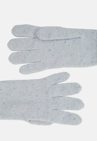 Svetlomodré pletené rukavice so škvrnitým vzorom, s piatimi prstami a jemnou textúrou. Vhodné na bežné nosenie.