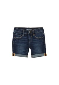 Shorts in denim blu scuro con una finitura leggermente usurata, con orli arrotolati e tasche standard. Dettagli di cucitura a contrasto.