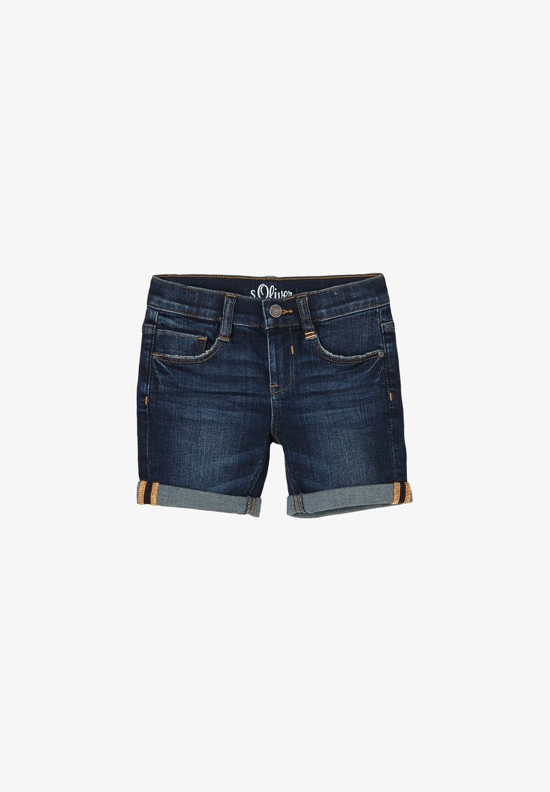 Denim šortky v tmavě modré barvě s jemným opotřebením, mají ohrnuté lemy a standardní kapsy. Detaily s kontrastním prošitím.