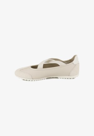 Beige ballerina's met elastische kruisbandjes, een gladde synthetische bovenkant, gestructureerde suède accenten en een flexibele rubberen zool met grip.