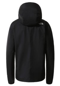 Schwarze wasserdichte Jacke mit Kapuze, langen Ärmeln und dem The North Face-Logo auf der oberen rechten Rückseite.