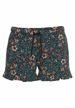 Blumen-Shorts mit schwarzem Hintergrund, die ein farbenfrohes Blumenmuster aufweisen. Elastischer Bund mit Kordelzug und rüschensaum.