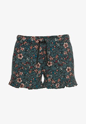 Blumen-Shorts mit schwarzem Hintergrund, die ein farbenfrohes Blumenmuster aufweisen. Elastischer Bund mit Kordelzug und rüschensaum.