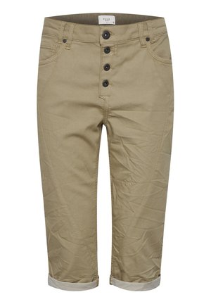 Beige cropped bukser lavet af robust bomuldsblanding. Fem-knap lukning, frontlommer og opkrøllede kanter. Subtil struktureret mønster på stoffet.