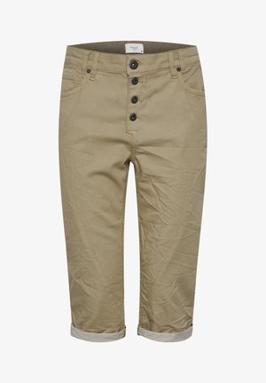 Beige cropped bukser lavet af robust bomuldsblanding. Fem-knap lukning, frontlommer og opkrøllede kanter. Subtil struktureret mønster på stoffet.