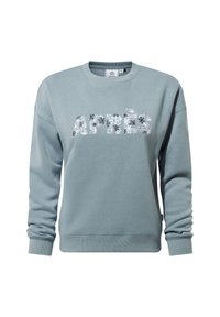 Light blue sweatshirt with a crew neckline, featuring floral-patterned "APRÈS" text across the front. Soft fabric, ribbed cuffs, and hem.