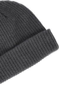 Grijze gebreide beanie muts, met een geribbelde textuur. De stof is zacht en elastisch, met een omgeslagen boorddetail.