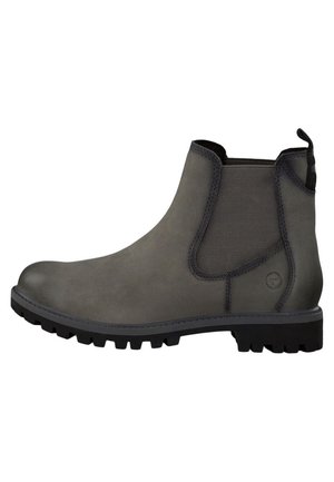 Bottines en cuir gris avec panneaux latéraux élastiques, une finition texturée et une semelle noire robuste avec des caractéristiques de traction.