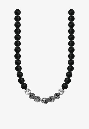 Schwarze Perlenkette mit abwechselnden silbernen Musterperlen und einer zentralen silbernen Totenkopfperle, akzentuiert mit schwarzen Steinen.