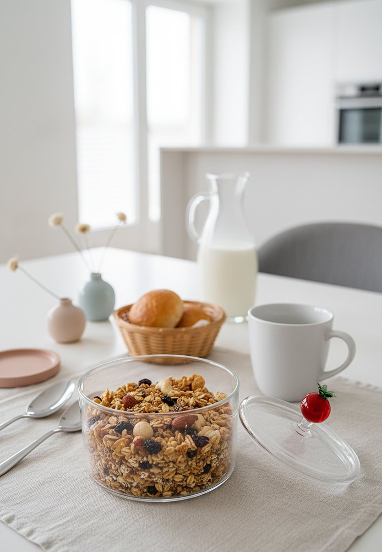 Przezroczysty szklany słoik z granolą z orzechami i suszonymi owocami, biały kubek, koszyk z bułkami oraz dzbanek z mlekiem na stole kuchennym.