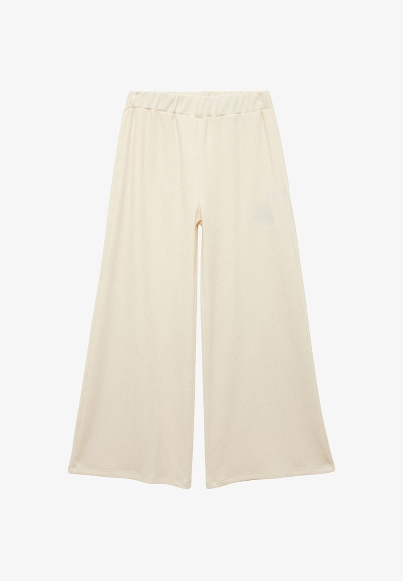 Wide-leg trousers in soft cream fabric with a textured finish, elastic waistband, and a relaxed fit. No visible patterns or hardware.