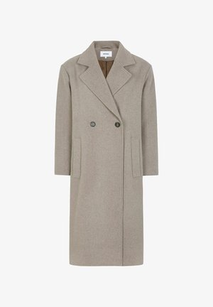 Beige Wollmischung Mantel mit doppelter Knopfleiste, Reverskragen und aufgesetzten Taschen. Besitzt eine glatte Textur und einen mittellangen Schnitt.
