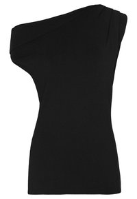 Czarny top na jedno ramię wykonany z gładkiego materiału. Posiada drapowaną linię dekoltu i dopasowany krój, podkreślający minimalistyczny design.