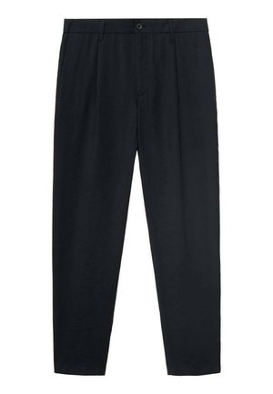Black trousers with a straight cut, featuring a front button closure, side pockets, and a smooth fabric texture.