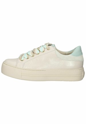 Beige leather sneaker with a textured finish, mint green accents, and metallic laces. Features a thick cream rubber sole.