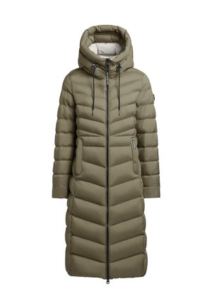 Vadderad parka i olivgrön, med huva, dragkedjestängning och två framfickor med chevronstygn och kontrasterande svarta detaljer.