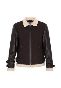 Jachetă din shearling maro, cu guler și manșete de culoare crem, mâneci din piele cu textură matlasată și buzunare laterale cu fermoar.