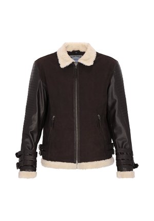 Ruda avikailio striukė su kreminės spalvos apykakle ir rankogaliais, odinėmis rankovėmis su siuvinėtu raštu ir šoniniais užtrauktukų kišenėmis.