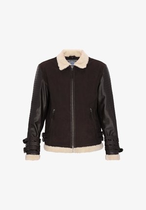 Ruda avikailio striukė su kreminės spalvos apykakle ir rankogaliais, odinėmis rankovėmis su siuvinėtu raštu ir šoniniais užtrauktukų kišenėmis.