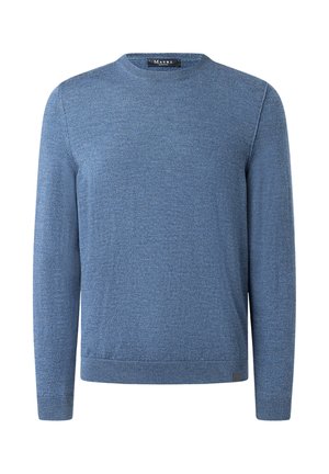 Modrý pletený svetr s kulatým výstřihem, dlouhými rukávy a žebrovanými manžetami a spodním lemem. Měkká textura s jemným melírovaným vzorem.