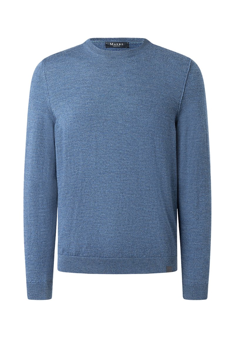 Modrý pletený svetr s kulatým výstřihem, dlouhými rukávy a žebrovanými manžetami a spodním lemem. Měkká textura s jemným melírovaným vzorem.