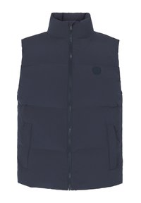 Chaleco acolchado azul marino con cuello alto, cierre de cremallera y dos bolsillos laterales. Textura suave con un emblema de logo en el pecho.