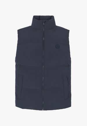 Gilet matelassé bleu marine avec un col haut, une fermeture éclair et deux poches latérales. Texture lisse avec un emblème logo sur la poitrine.