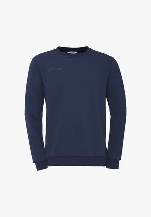 Mørkeblå sweatshirt lavet af blødt stof, med rund hals, lange ærmer og et diskret logo på den øverste venstre side.