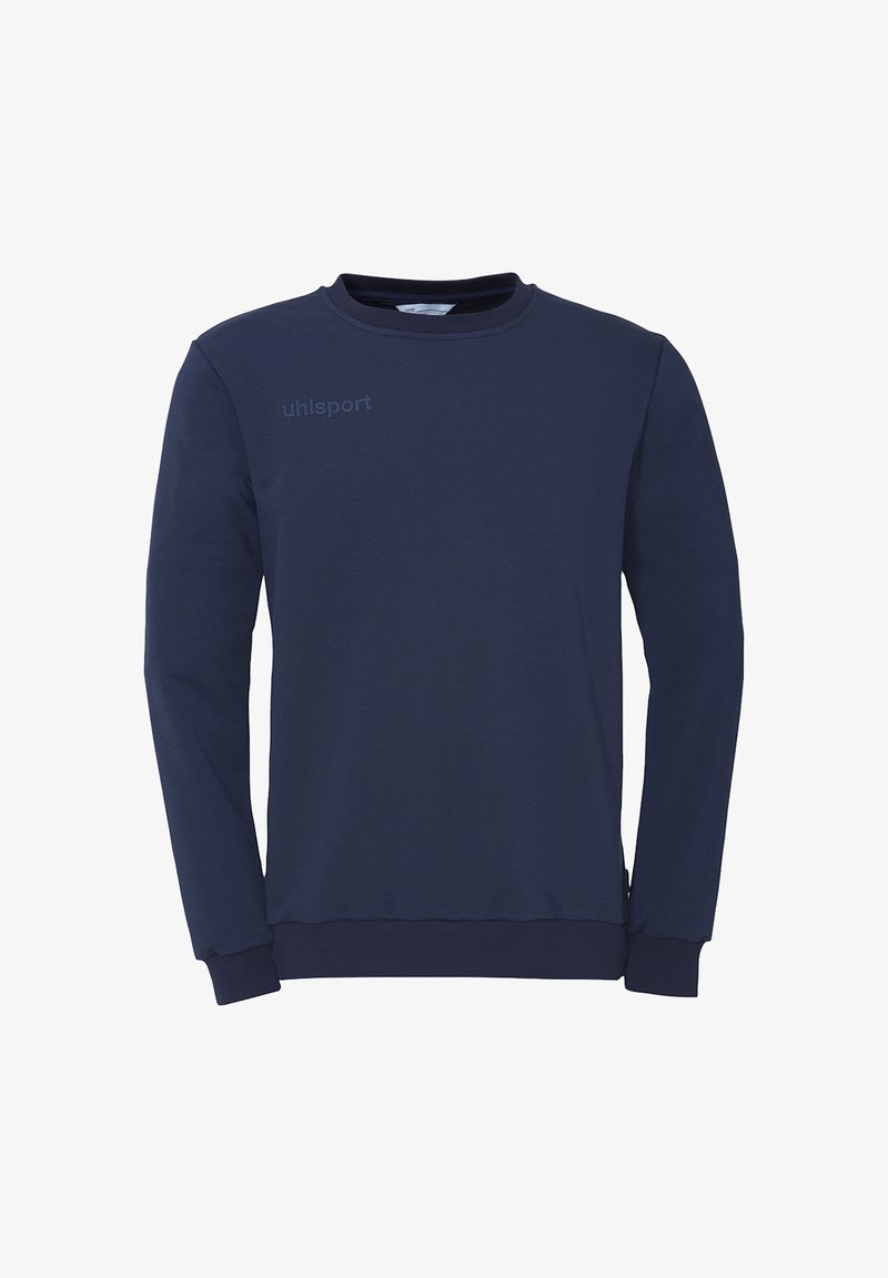 Mørkeblå sweatshirt lavet af blødt stof, med rund hals, lange ærmer og et diskret logo på den øverste venstre side.