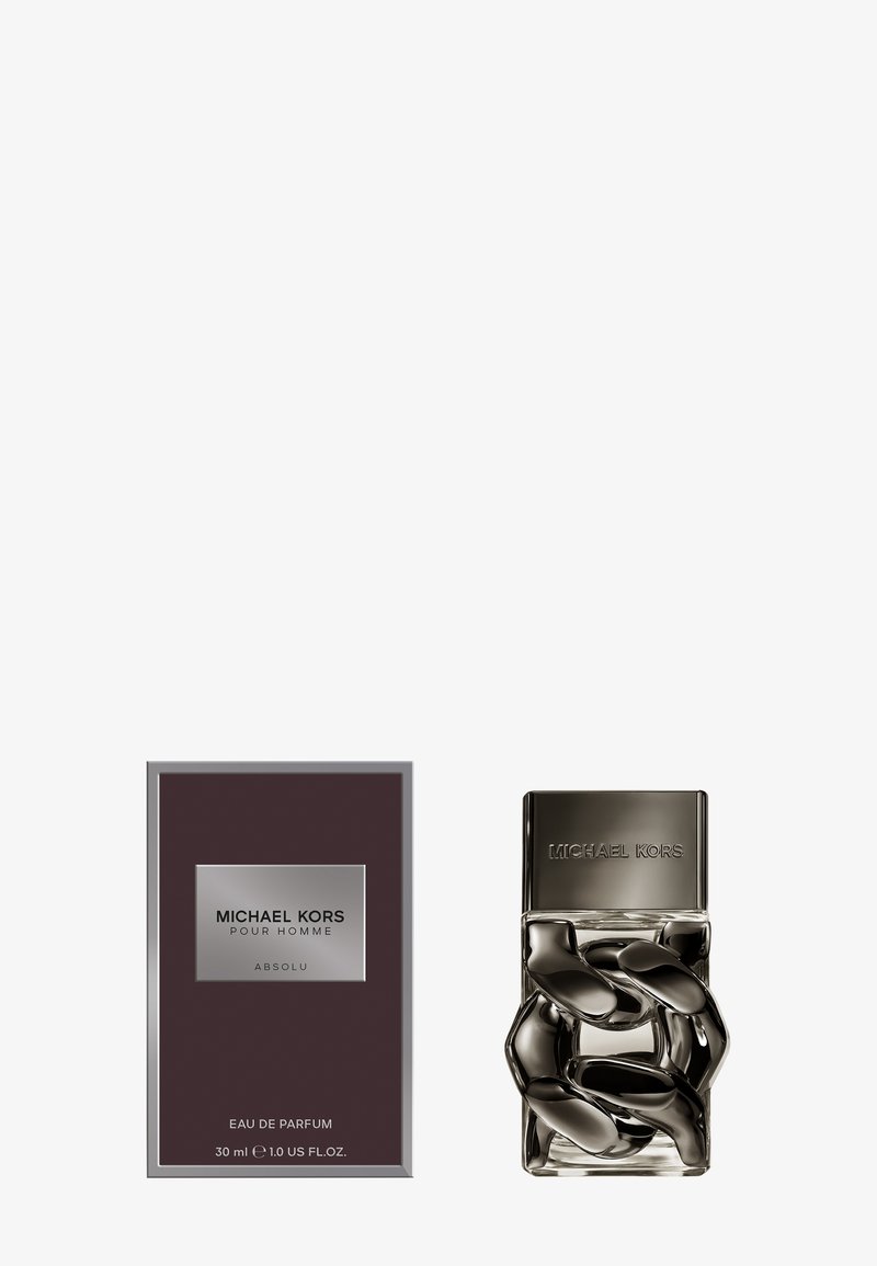 Michael Kors Absolu Eau de Parfum, 30 ml, se présente dans un flacon en verre rectangulaire avec un design de chaîne métallique et une boîte sombre texturée.