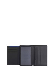 Black leather wallet with multiple card slots, a clear ID window, and a zippered compartment. Smooth texture and stitched edges.