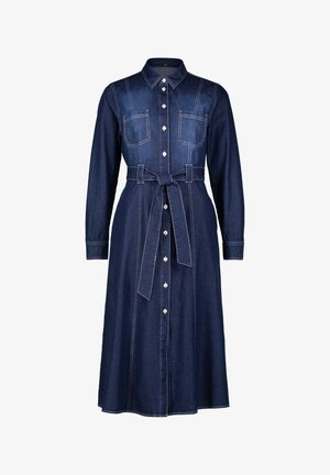 Denim shirtjurk in donkerblauw met lange mouwen, knoopsluiting aan de voorkant, twee borstzakken en een bijpassende riem in de taille. Heeft contrasterende stiksels.