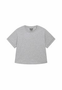 T-shirt in cotone grigio con maniche corte, scollo rotondo e vestibilità rilassata. Nessun motivo o decorazione visibile. Etichette all'interno del colletto.