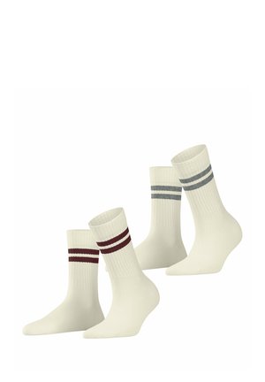 Witte sportieve sokken met geribbelde textuur, knielange ontwerp en twee horizontale strepen in kastanjebruin en lichtblauw.
