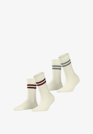 Witte sportieve sokken met geribbelde textuur, knielange ontwerp en twee horizontale strepen in kastanjebruin en lichtblauw.