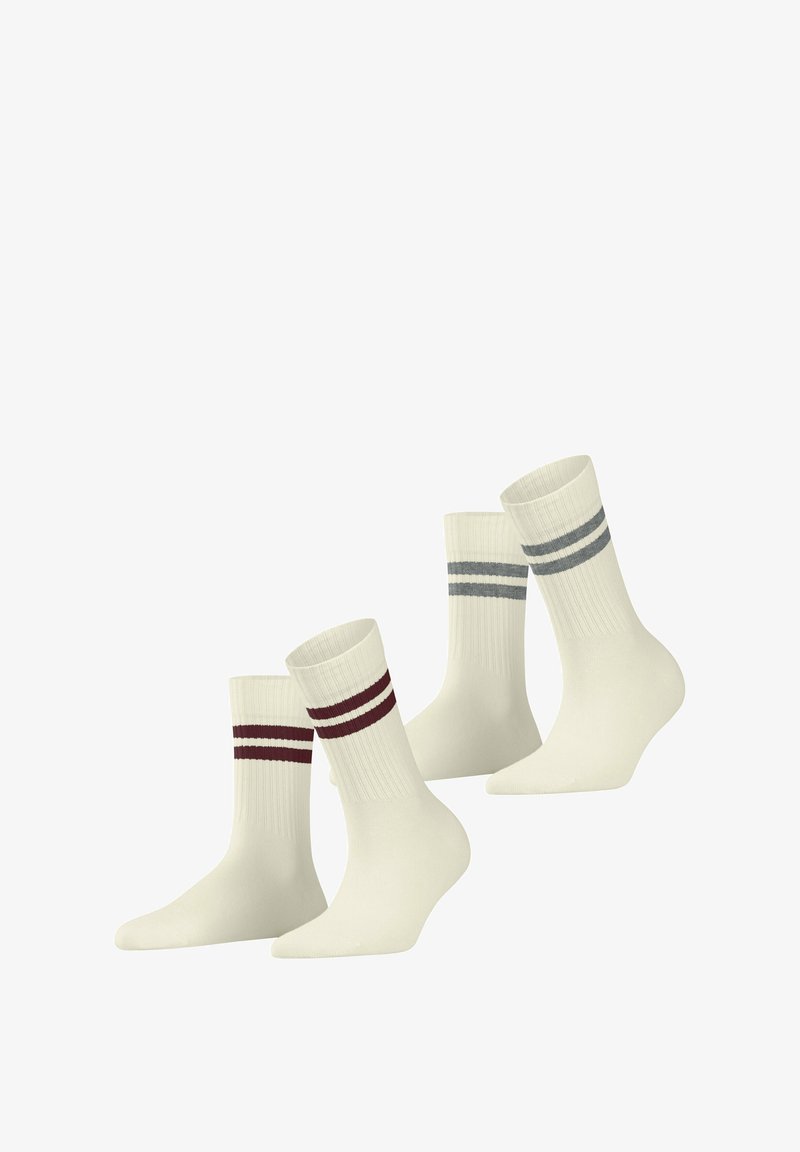 Chaussettes de sport blanches avec une texture côtelée, de conception mi-mollet et deux bandes horizontales en bordeaux et bleu clair.