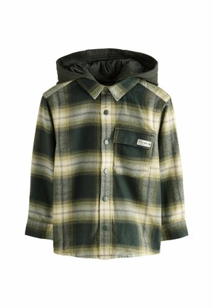 Child’s green and beige plaid hooded jacket with snap buttons and a flap pocket on the chest labeled "PLAY WITHOUT LIMITS."