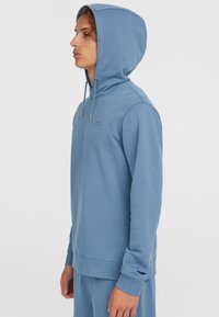 Light blue hoodie with a zip closure, drawstring hood, ribbed cuffs, and hem. Made from soft fabric with a smooth texture.
