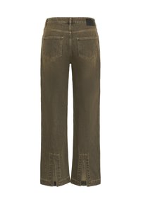 Oliivrohelised laiad teksad, valmistatud denimist, mustritega tooriku äärisega, kahe tagatasku ja musta brändi sildiga vööl.