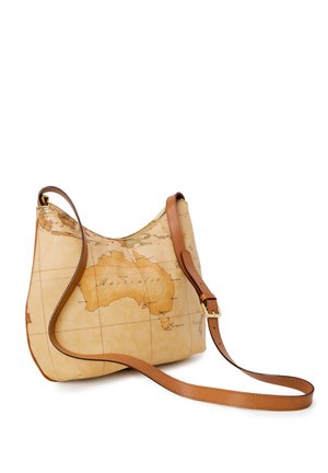 Beżowa torba przez ramię z brązowym skórzanym paskiem, z nadrukiem vintage mapy skupionej na Australii.