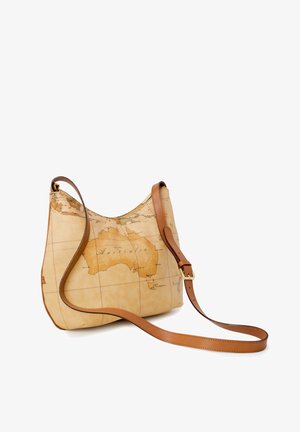 Beżowa torba przez ramię z brązowym skórzanym paskiem, z nadrukiem vintage mapy skupionej na Australii.
