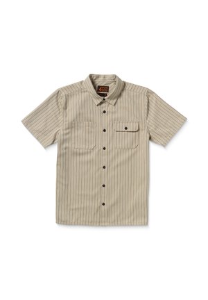 Short-sleeve beige shirt with black vertical stripes, two chest pockets, pointed collar, and front button closure. Smooth fabric texture.