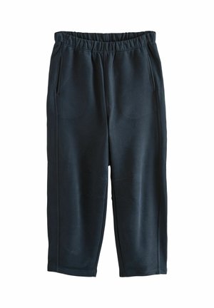 Schwarze Jogginghose aus weichem Stoff, mit elastischem Bund, zwei seitlichen Taschen und sichtbaren Nahtdetails an den Beinen.